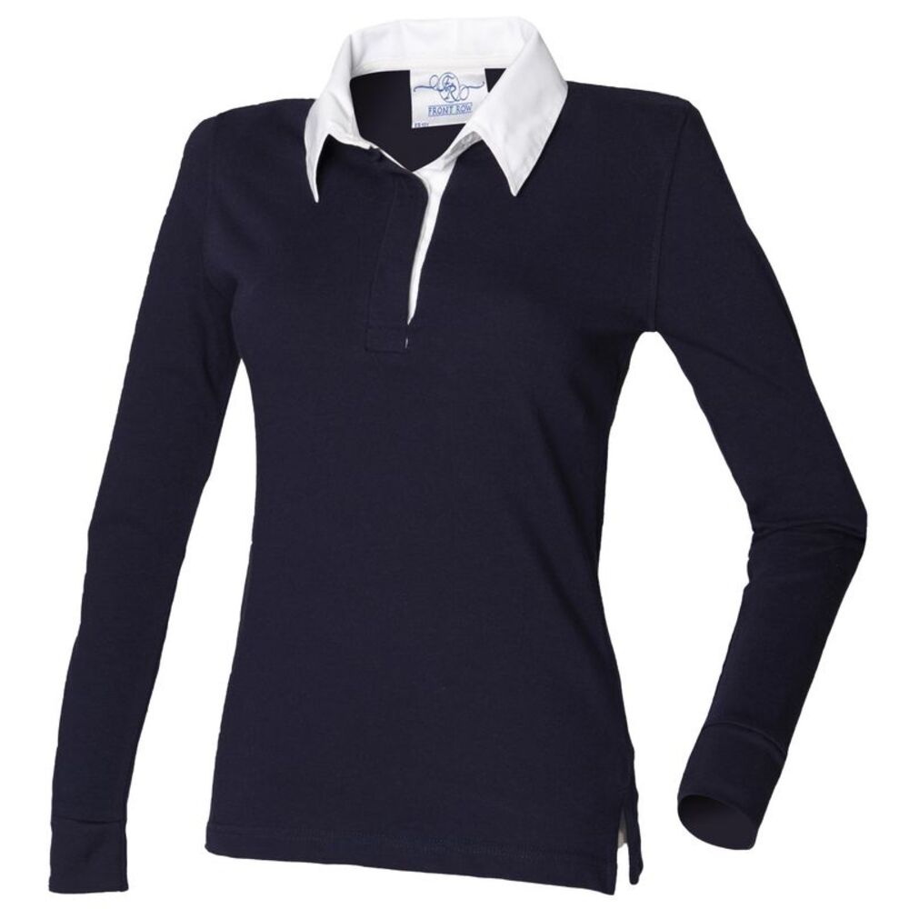 Front Row Womens/Ladies Long Sleeve Plain Sports Rugby Polo Shirt / Navy/White